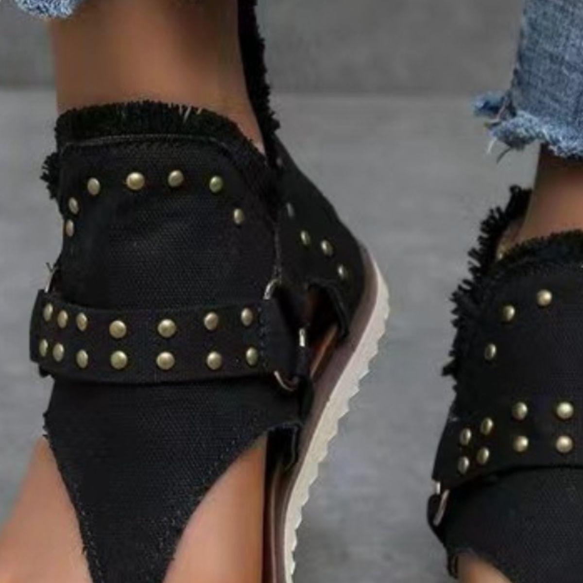 Studded Raw Hem Flat Sandals - SHANKARA CHÉRIE