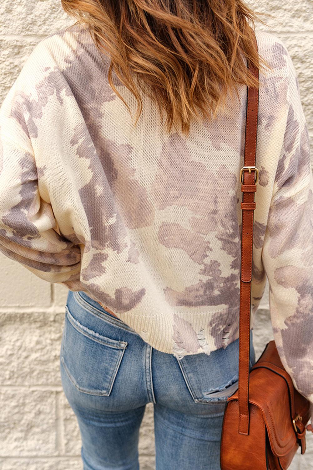 Tie-Dye Distressed Round Neck Sweater - SHANKARA CHÉRIE