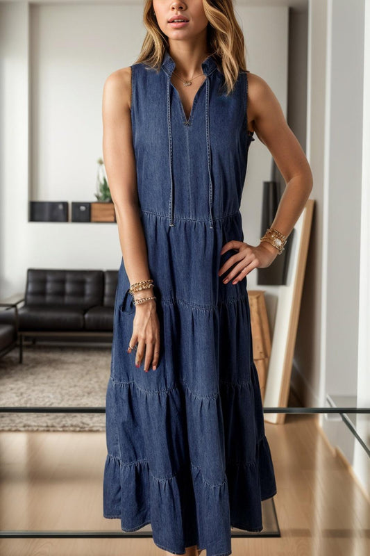 Tie Neck Sleeveless Denim Dress - SHANKARA CHÉRIE