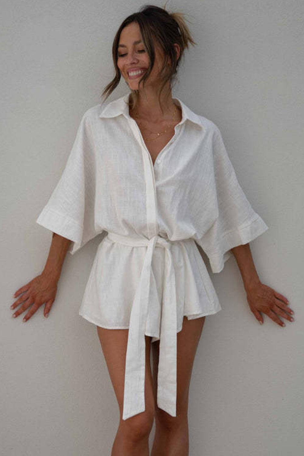 Tied Button Up Collared Neck Romper - SHANKARA CHÉRIE