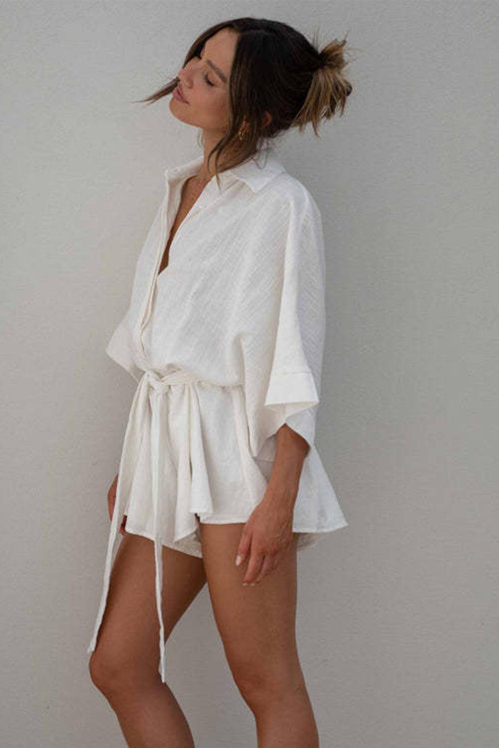 Tied Button Up Collared Neck Romper - SHANKARA CHÉRIE