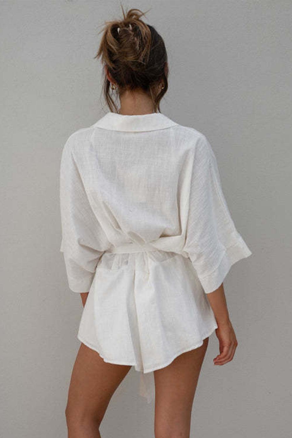 Tied Button Up Collared Neck Romper - SHANKARA CHÉRIE