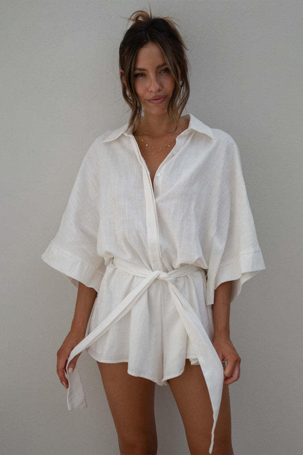 Tied Button Up Collared Neck Romper - SHANKARA CHÉRIE