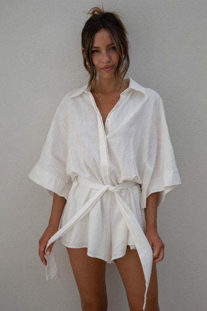 Tied Button Up Collared Neck Romper - SHANKARA CHÉRIE