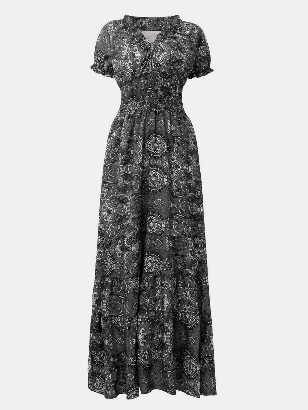 Turquoise paisley boho smocked maxi dress, mid-body view showing the V-neckline and smocked bodice.