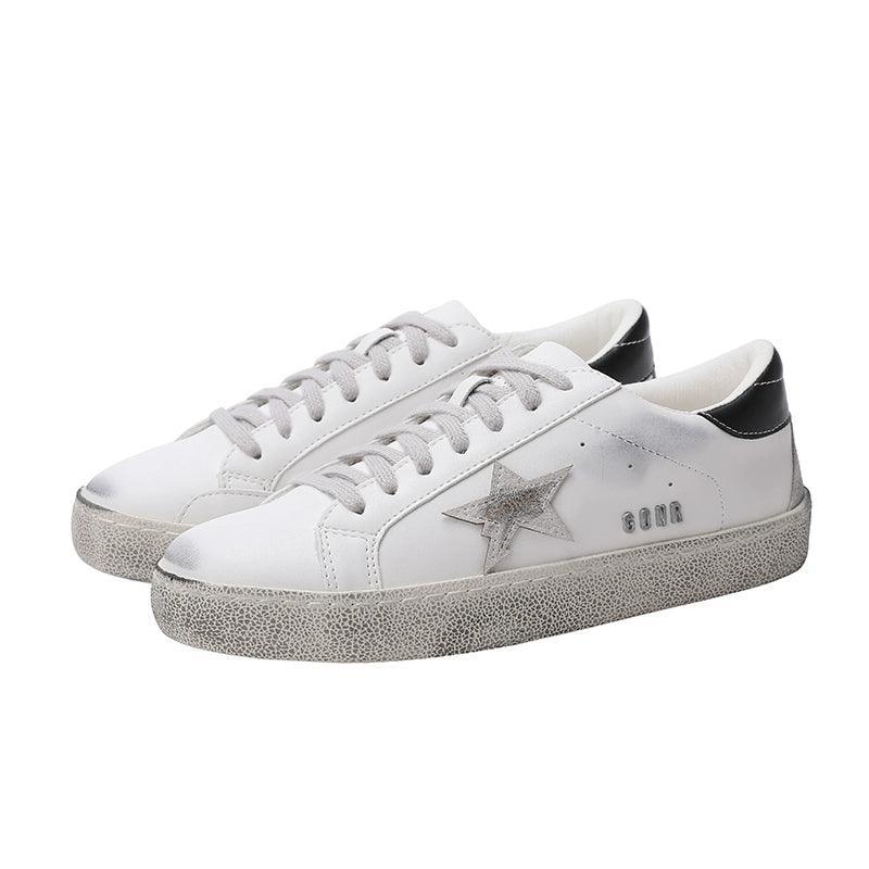 Vintage Distressed Genuine Leather White with black ankle tabs and sliver star Flat Women's Shoes