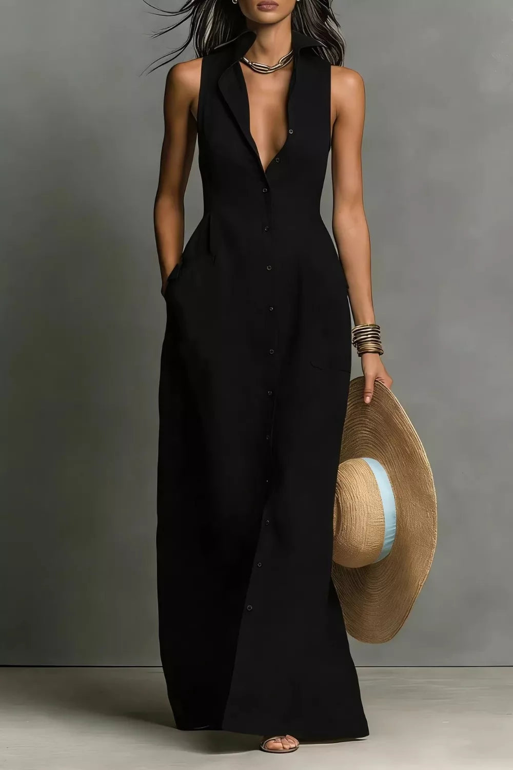 White button-down maxi shirt dress, styled view with wide-brim hat and gold bangles.