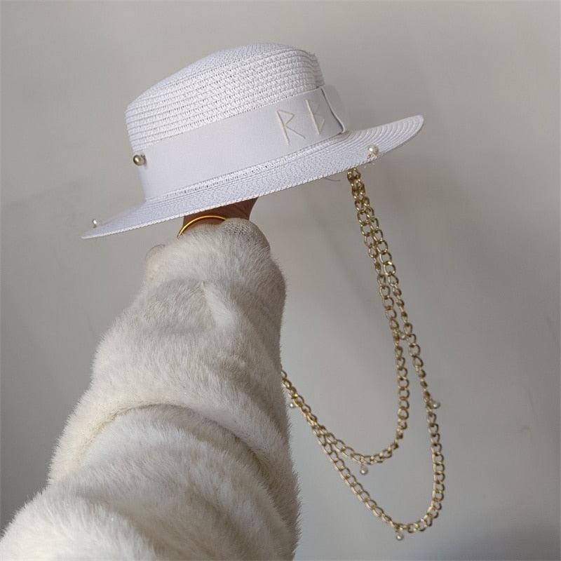 Punk Chain Straw Hat Pearl Chain DIY Jazz cap Sun Hat Letter Hat Beach Hat Men's and Women's Punk Hat Candy Color Sun - SHANKARA CHÉRIE