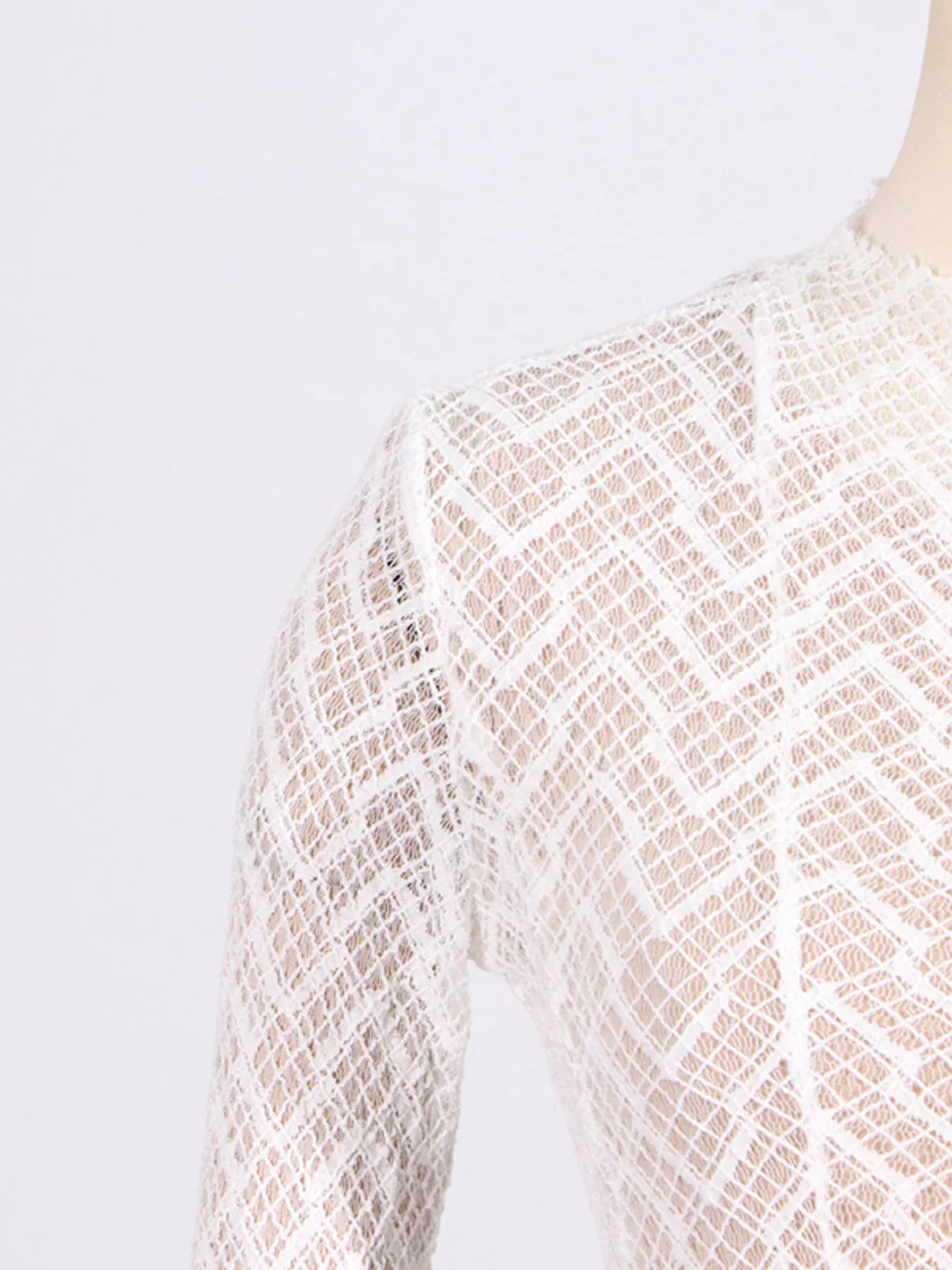 White textured-lace mock-neck maxi dress, alternate full-length view.