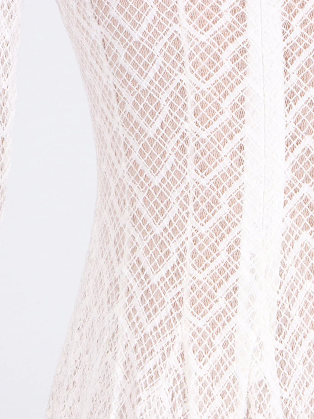 White textured-lace mock-neck long-sleeve maxi dress, alternate styled view.