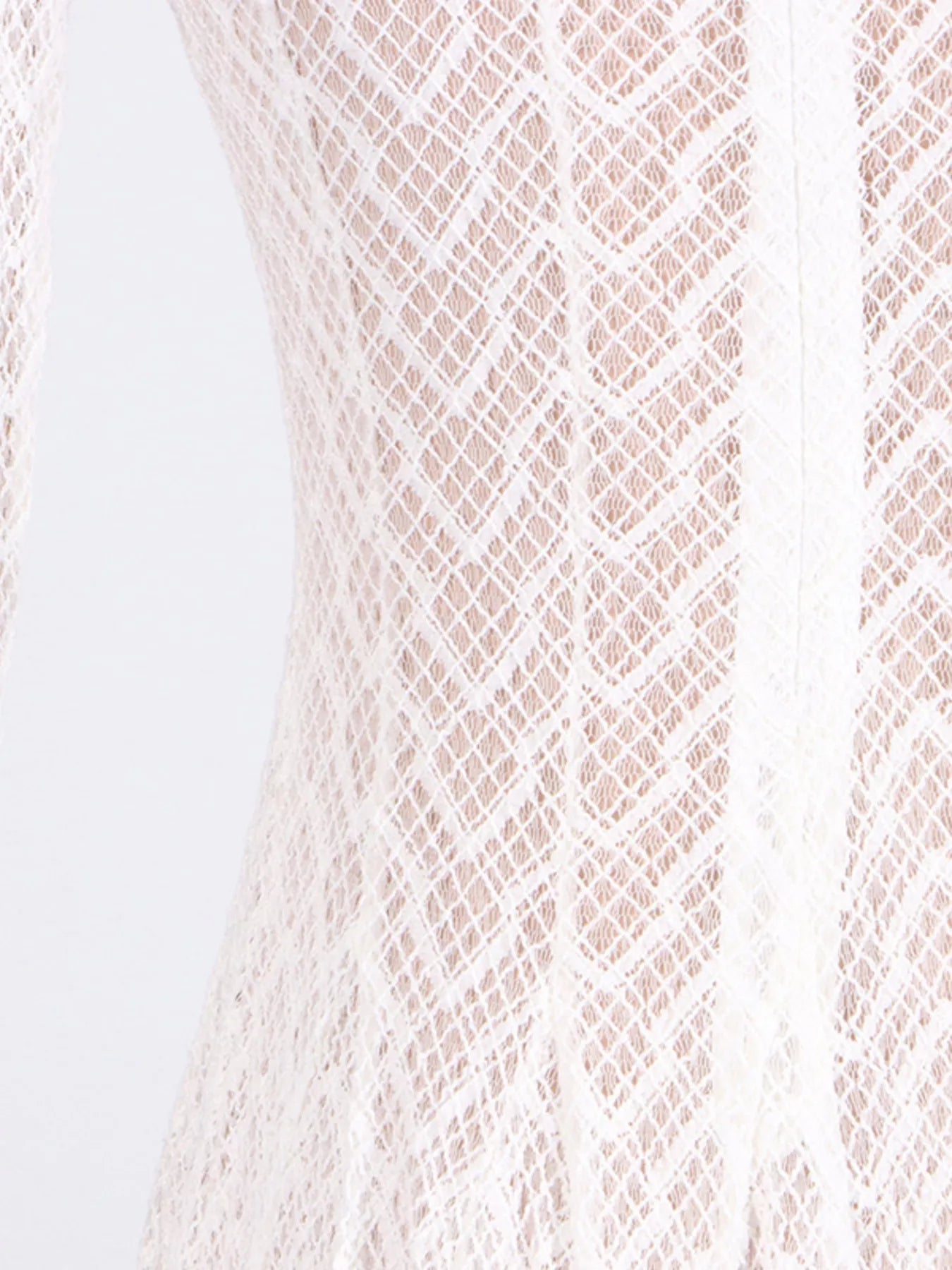 White textured-lace mock-neck long-sleeve maxi dress, alternate styled view.