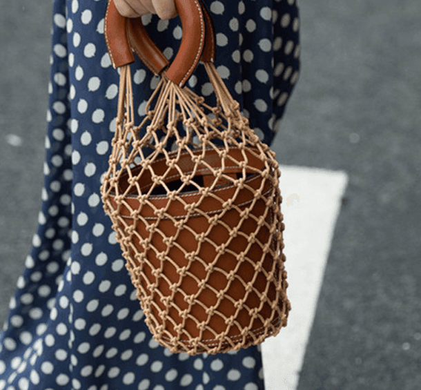 Woven fishnet rope bucket bag.