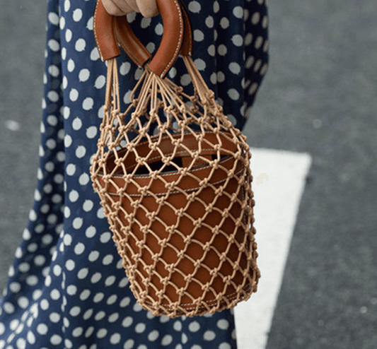 Woven fishnet rope and pleather Bucket Bag in; White, Brown, and Carmel 