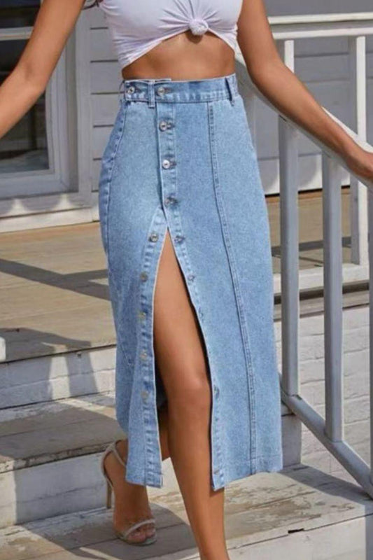 Buttoned Split Denim Skirt.