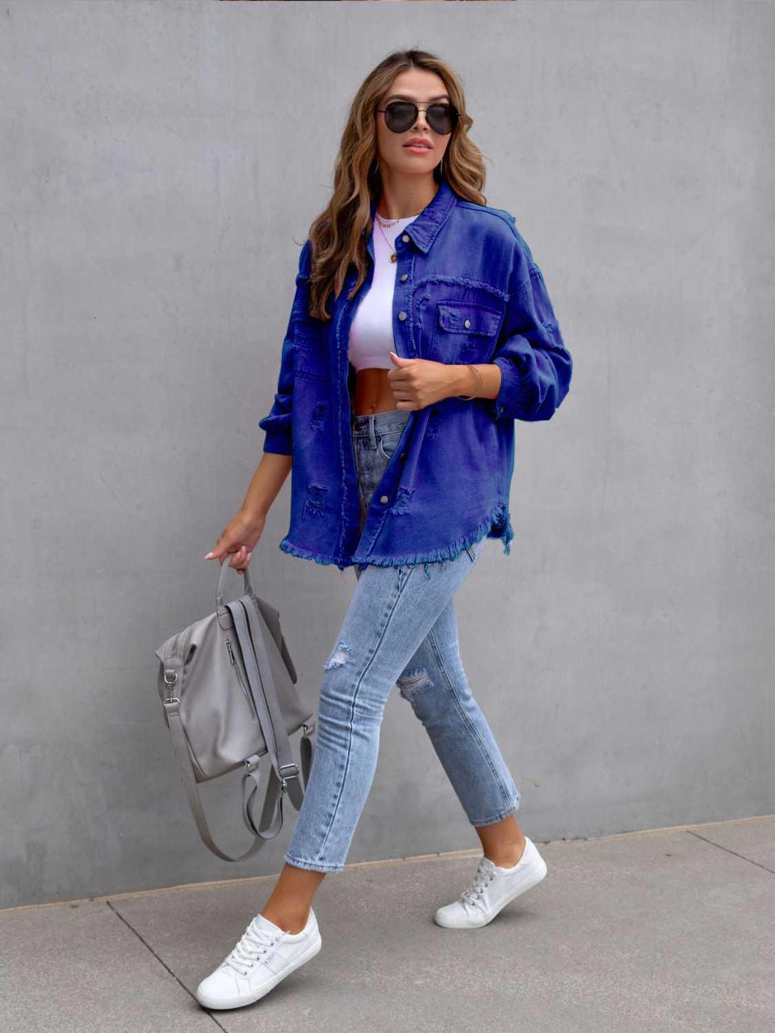 Distressed Drop Shoulder Denim Jacket - SHANKARA CHÉRIE