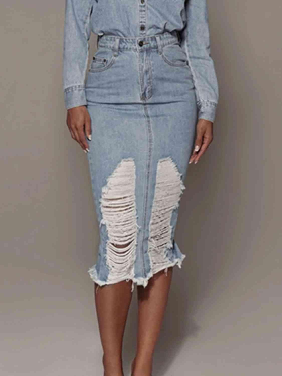 Distressed Slit Denim Skirt - SHANKARA CHÉRIE