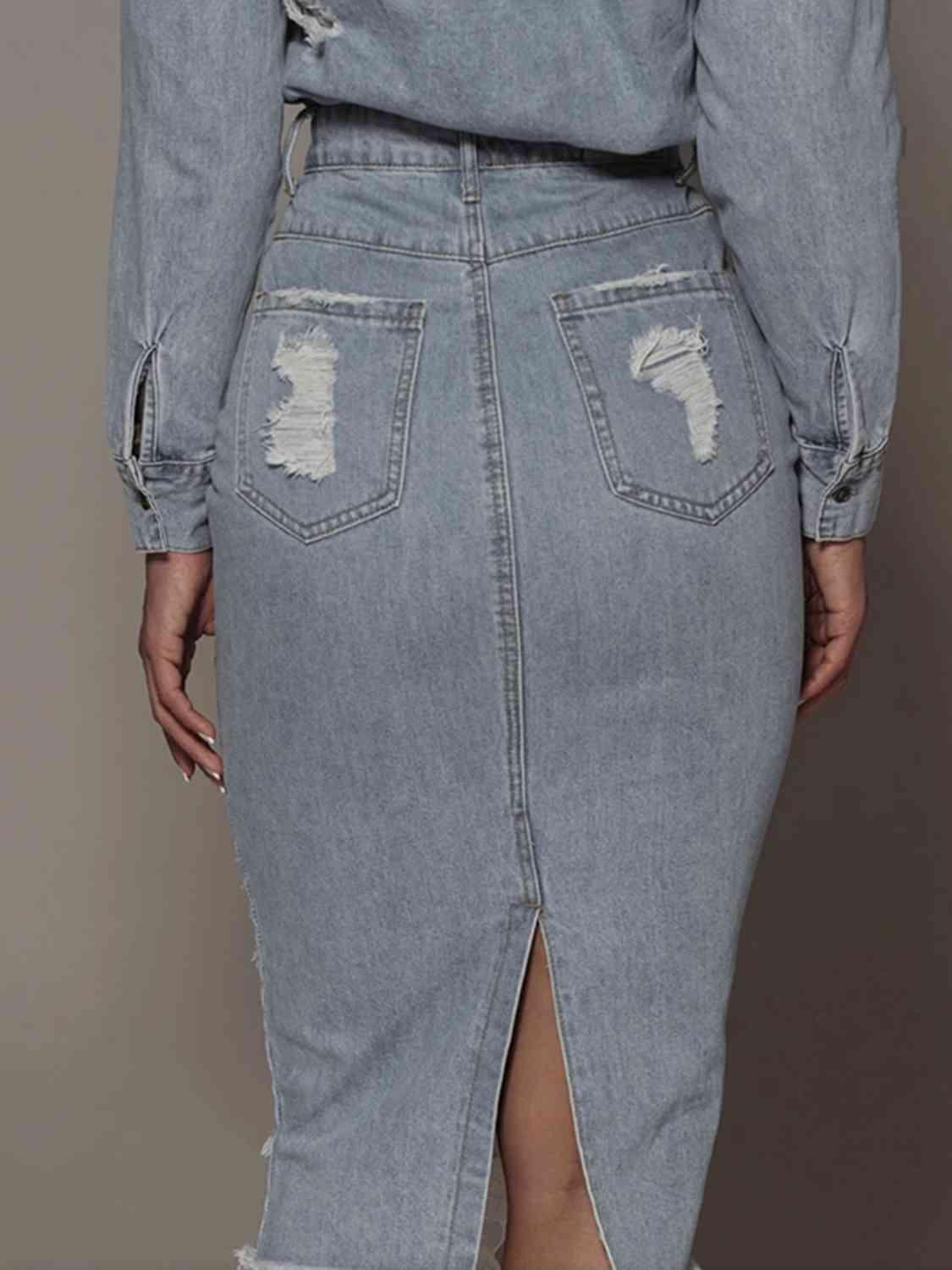 Distressed Slit Denim Skirt - SHANKARA CHÉRIE