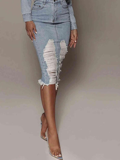 Distressed Slit Denim Skirt - SHANKARA CHÉRIE