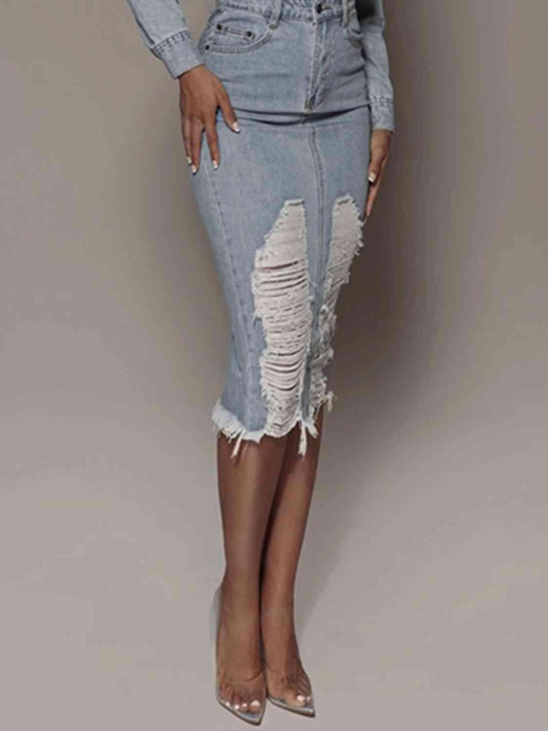 Distressed Slit Denim Skirt - SHANKARA CHÉRIE