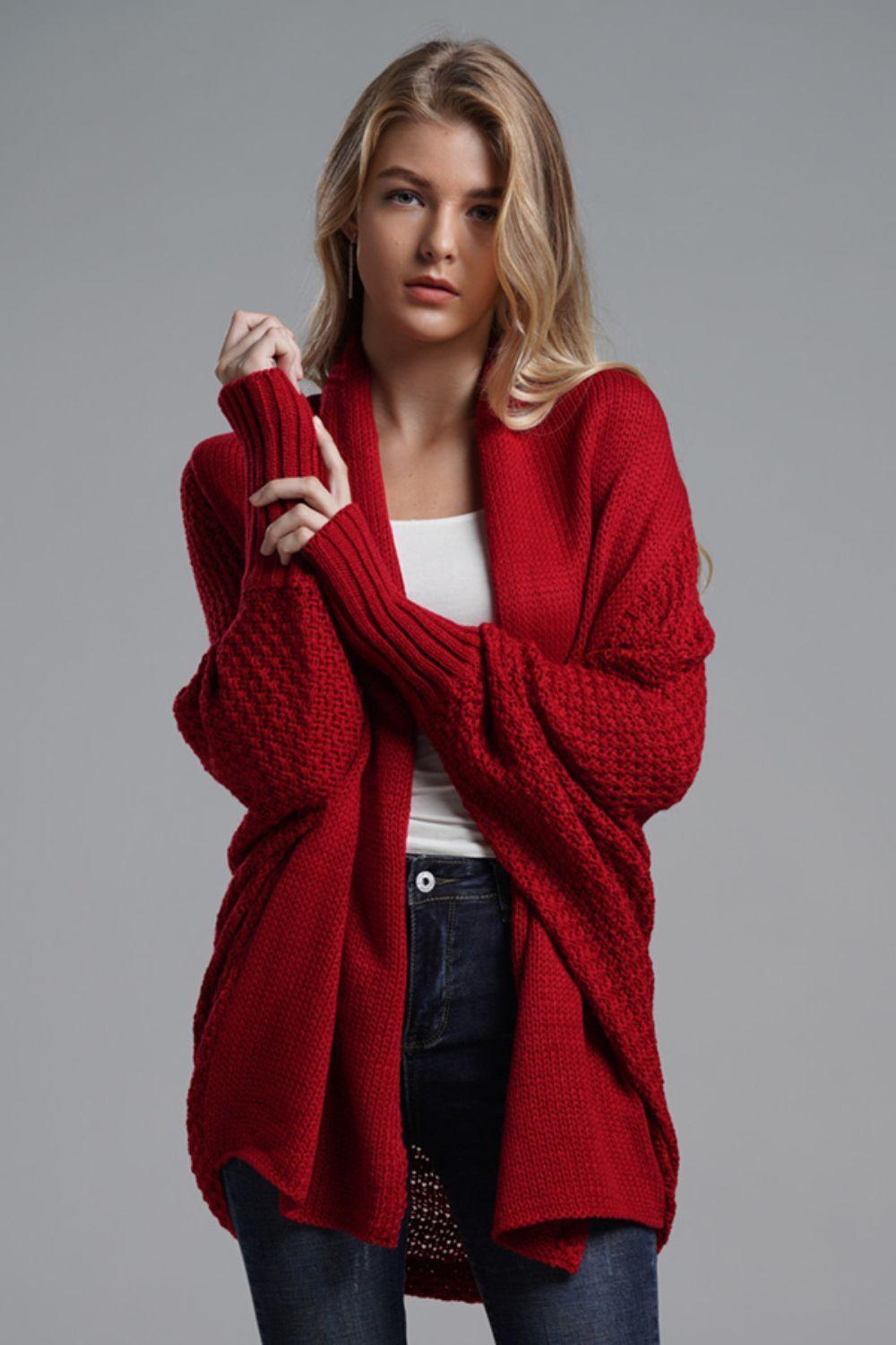 Double Take Dolman Sleeve Open Front Ribbed Trim Longline Cardigan.