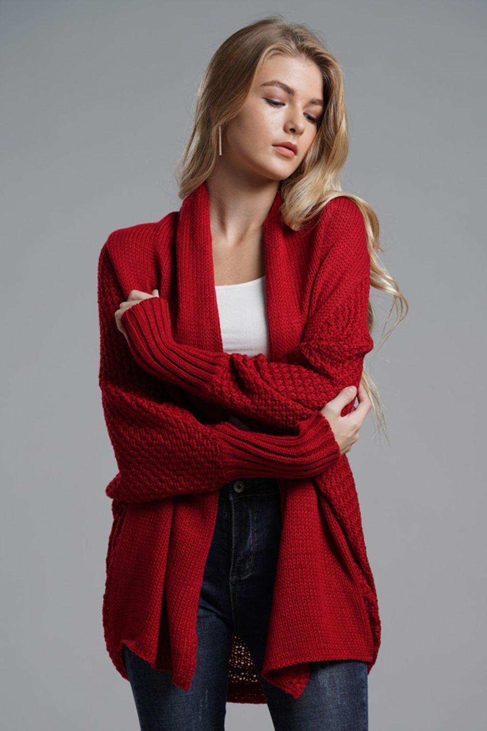 Double Take Dolman Sleeve Open Front Ribbed Trim Longline Cardigan.