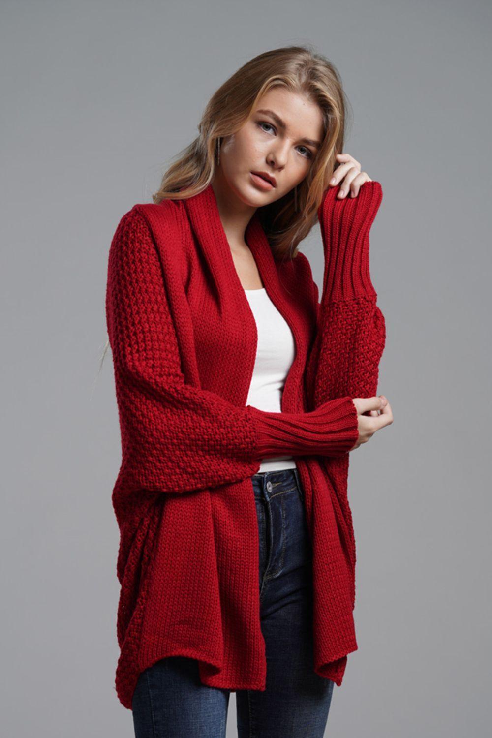 Double Take Dolman Sleeve Open Front Ribbed Trim Longline Cardigan.