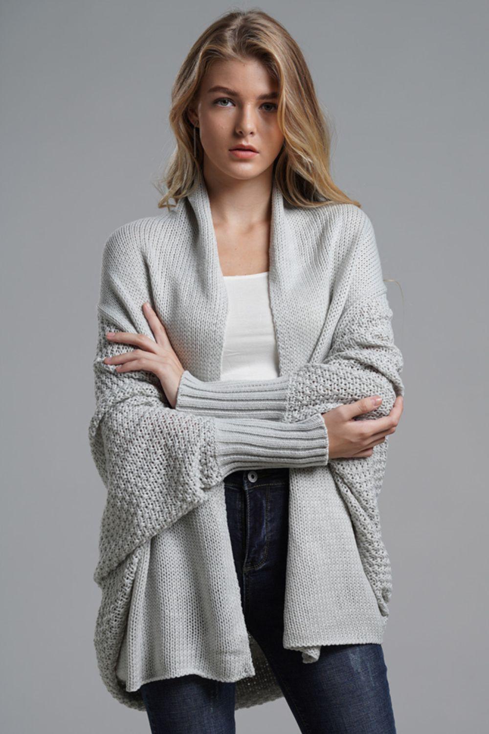 Double Take Dolman Sleeve Open Front Ribbed Trim Longline Cardigan.
