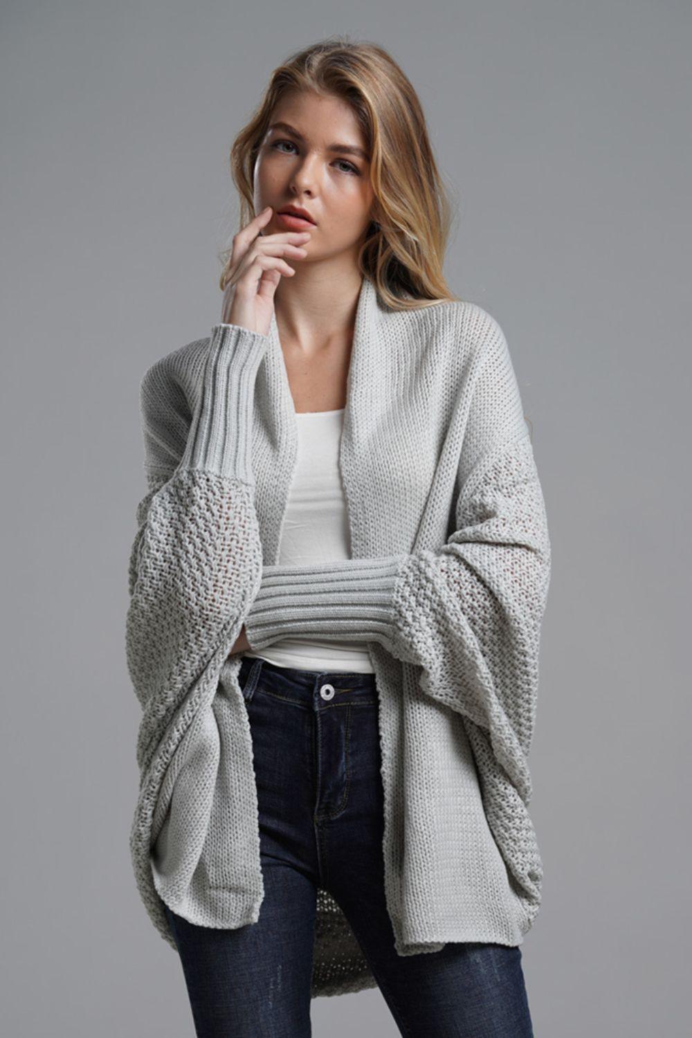 Double Take Dolman Sleeve Open Front Ribbed Trim Longline Cardigan.