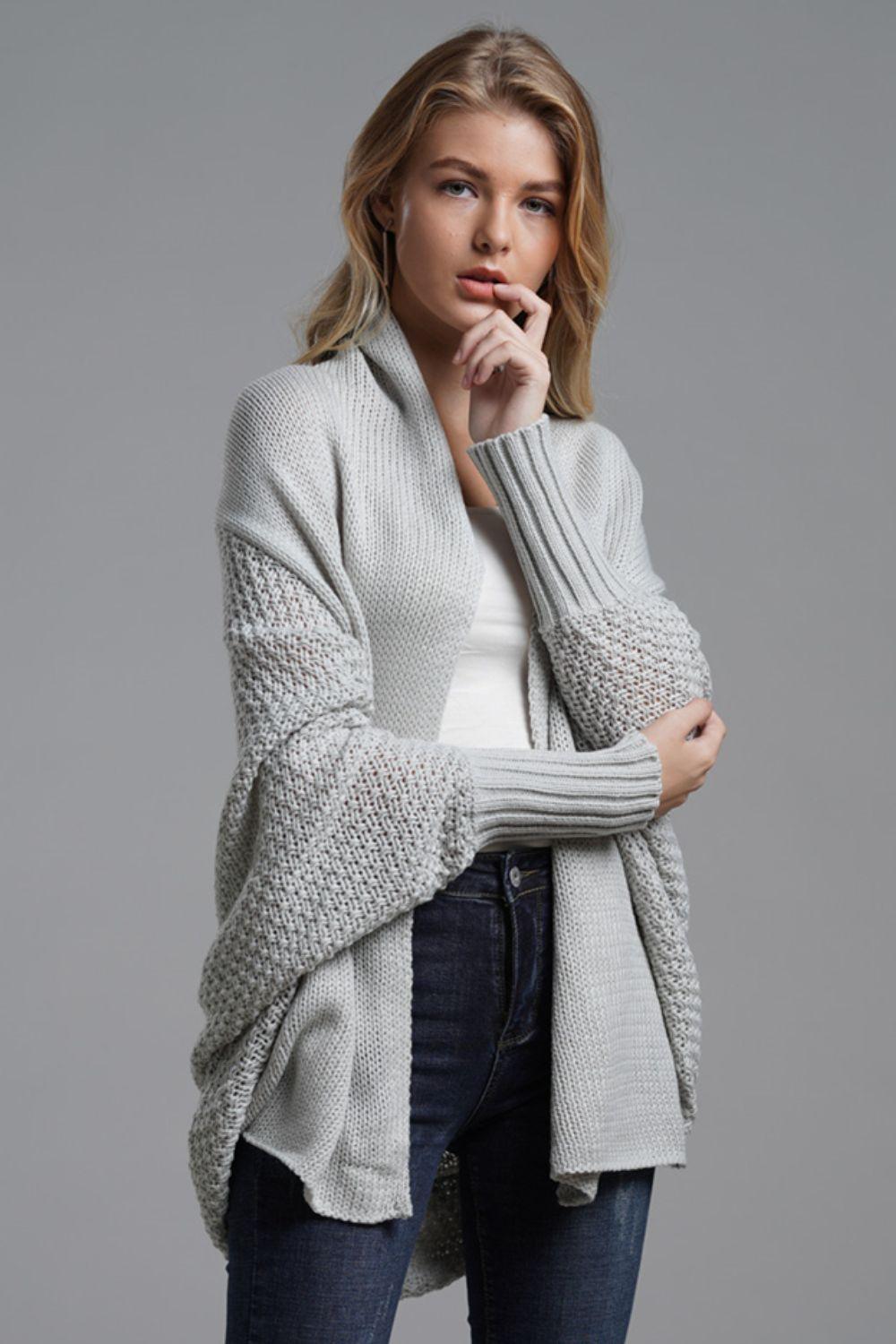 Double Take Dolman Sleeve Open Front Ribbed Trim Longline Cardigan.
