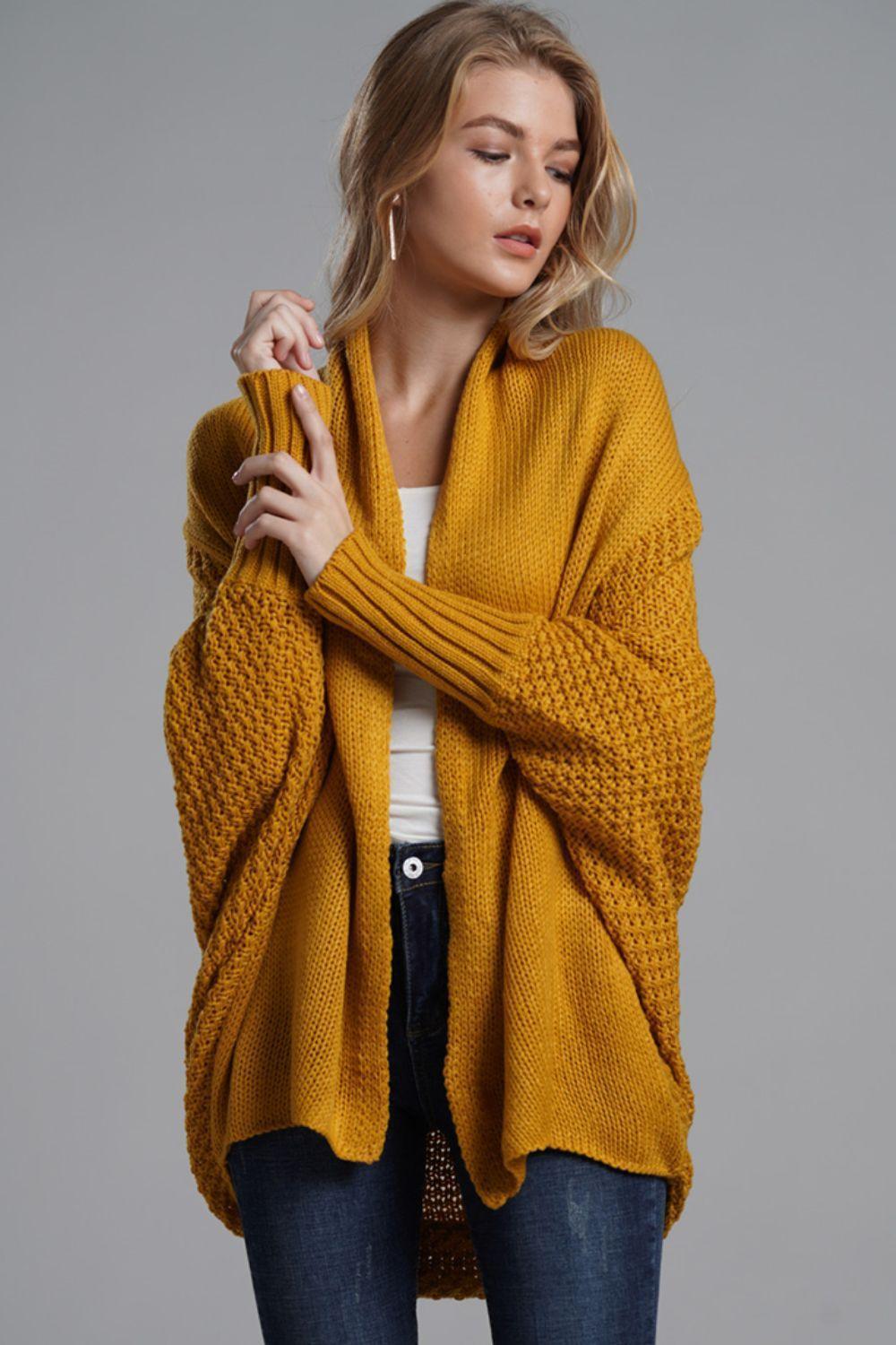 Double Take Dolman Sleeve Open Front Ribbed Trim Longline Cardigan.