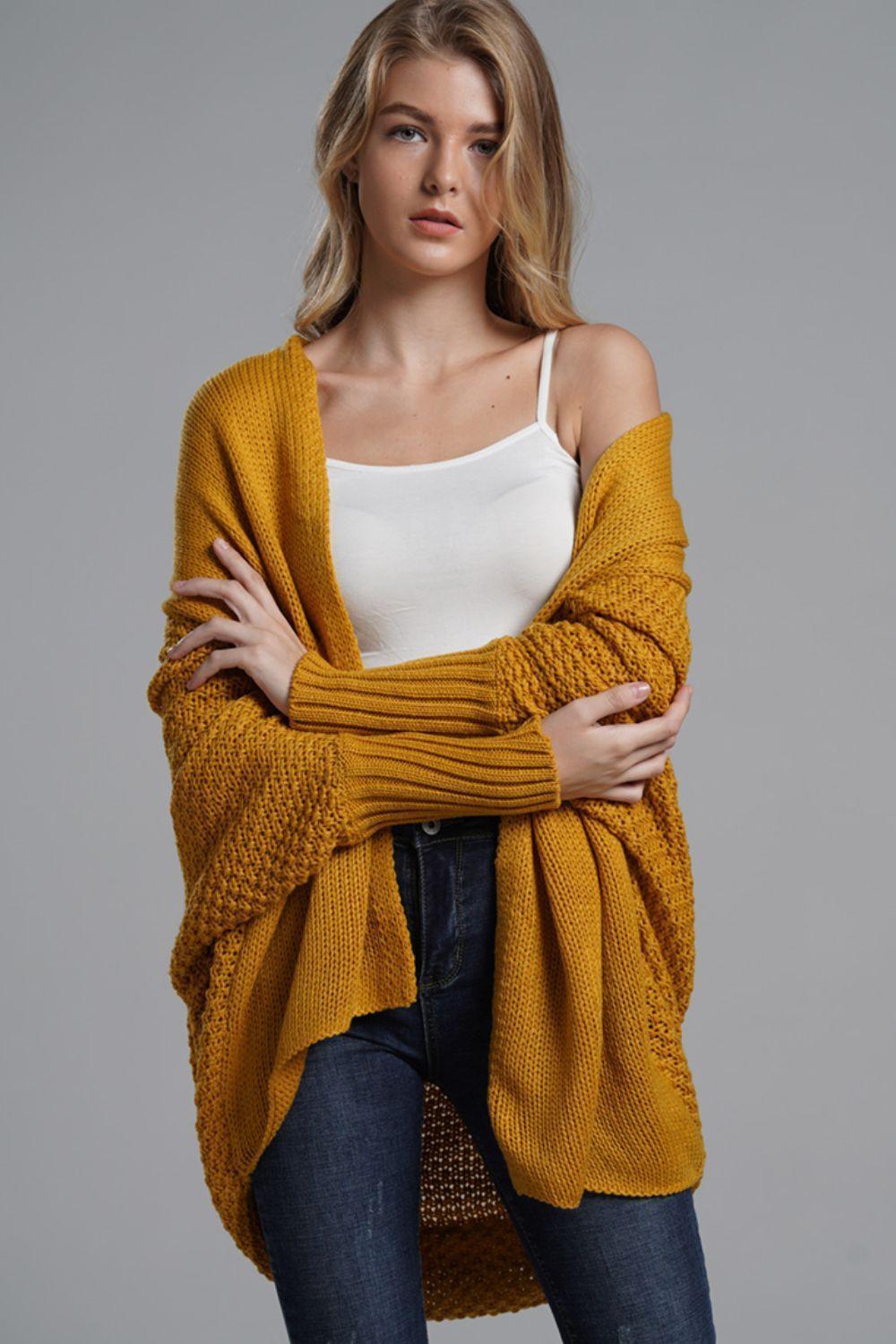 Double Take Dolman Sleeve Open Front Ribbed Trim Longline Cardigan.