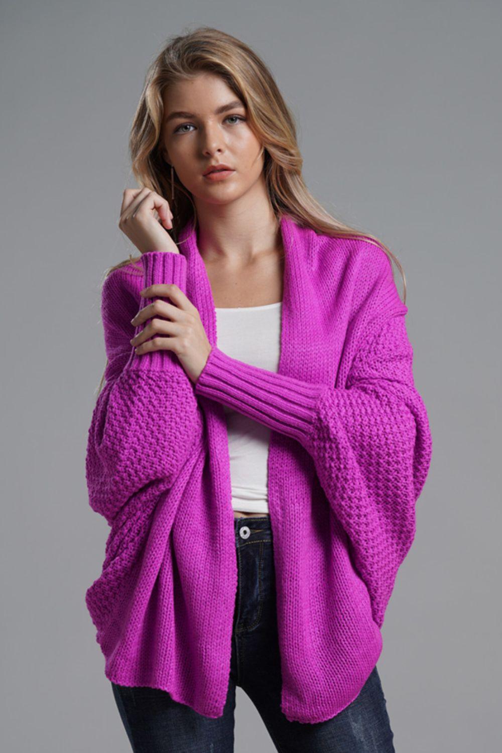 Double Take Dolman Sleeve Open Front Ribbed Trim Longline Cardigan.