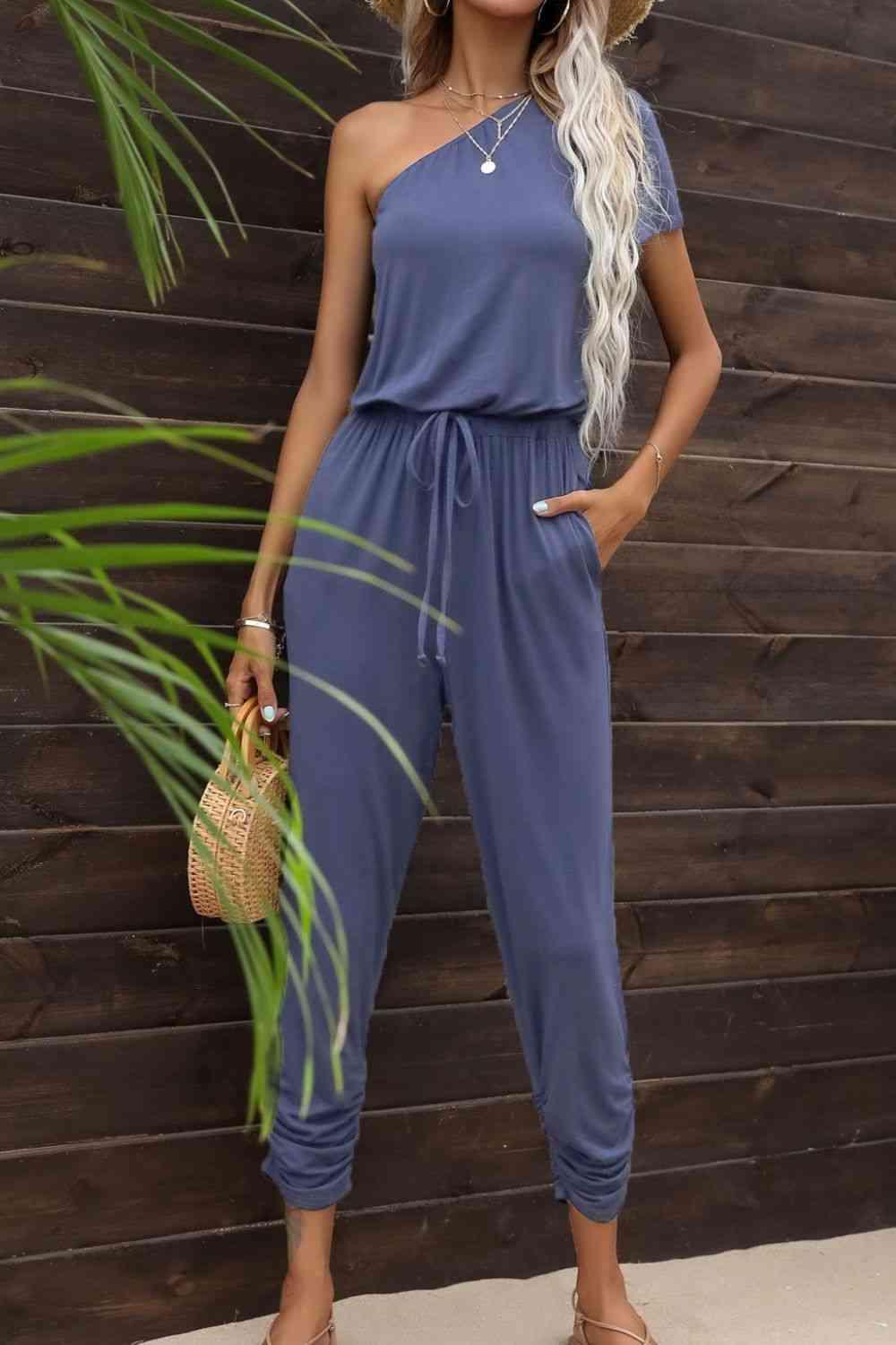 Drawstring Waist One-Shoulder Jumpsuit with Pockets - SHANKARA CHÉRIE