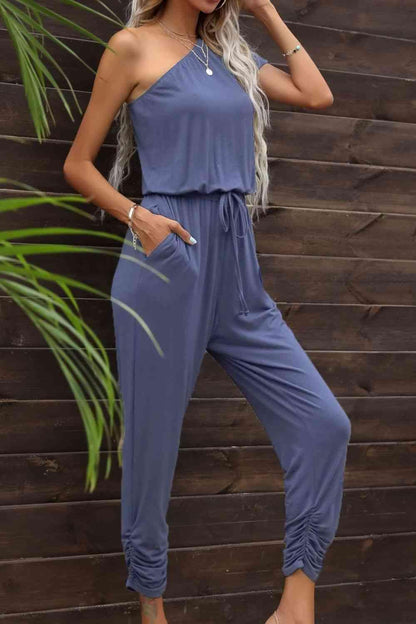 Drawstring Waist One-Shoulder Jumpsuit with Pockets - SHANKARA CHÉRIE