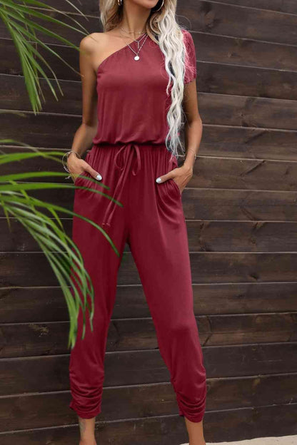 Drawstring Waist One-Shoulder Jumpsuit with Pockets - SHANKARA CHÉRIE