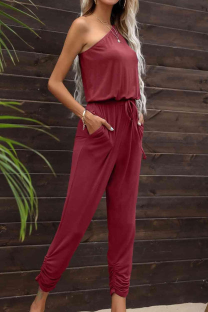 Drawstring Waist One-Shoulder Jumpsuit with Pockets - SHANKARA CHÉRIE