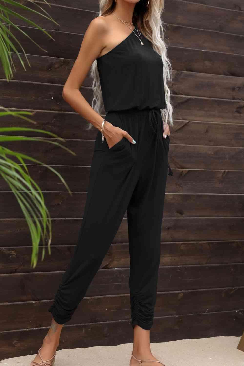 Drawstring Waist One-Shoulder Jumpsuit with Pockets - SHANKARA CHÉRIE