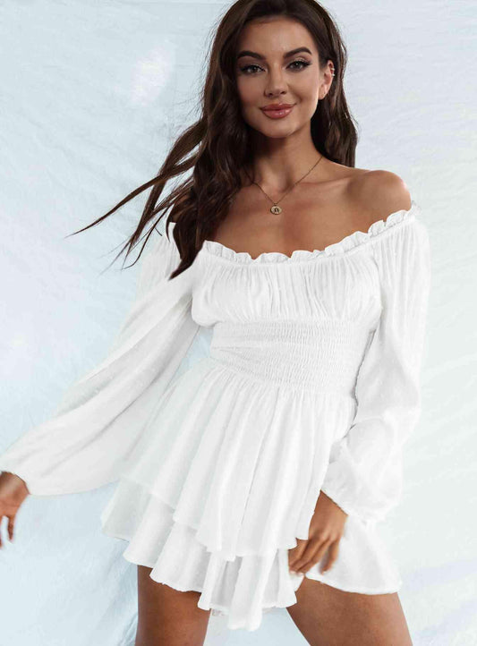 Off Shoulder Smocked Waist Romper.