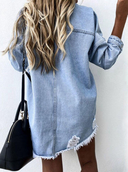 Raw Hem Collared Neck Long Sleeve Denim Jacket - SHANKARA CHÉRIE