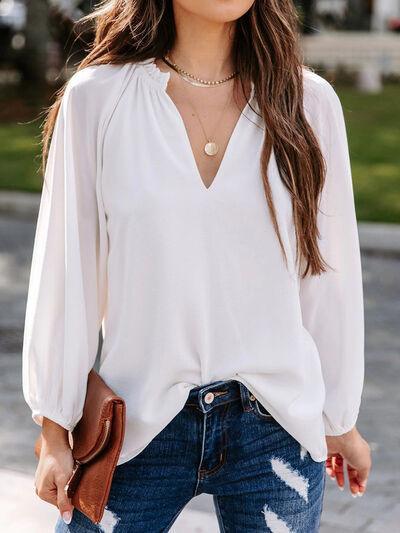 Ruched Notched Balloon Sleeve Blouse Shirt.