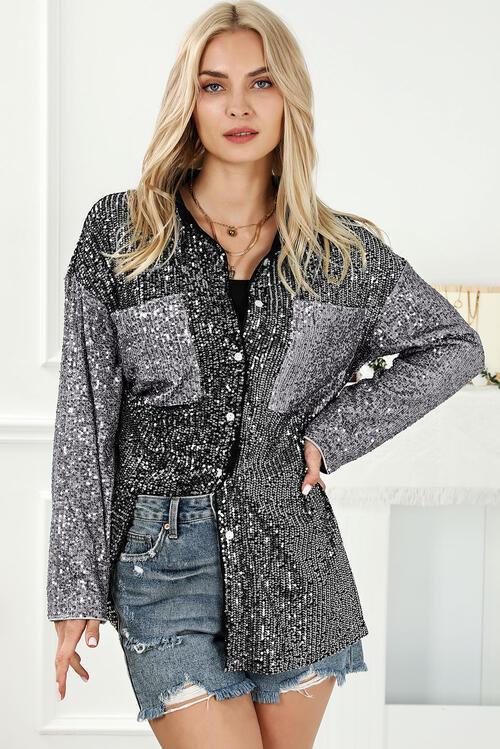 Sequin Button Up Collared Neck Shirt - SHANKARA CHÉRIE