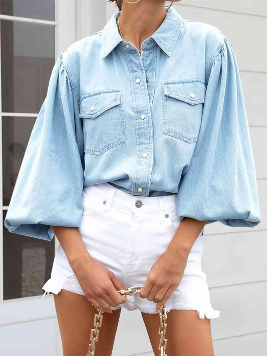 Snap Down Puff Sleeve Denim Shirt - SHANKARA CHÉRIE