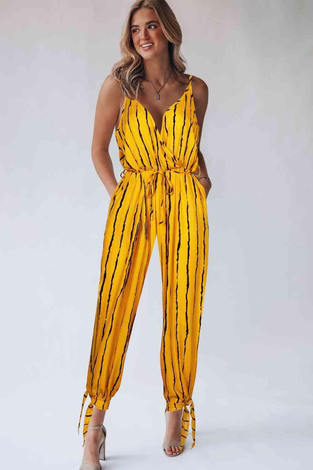 Striped Contrast Tie Ankle Spaghetti Strap Jumpsuit - SHANKARA CHÉRIE