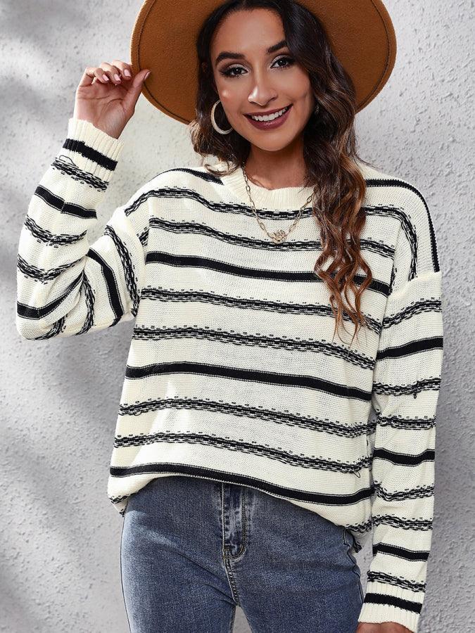 Striped Round Neck Dropped Shoulder Sweater - SHANKARA CHÉRIE