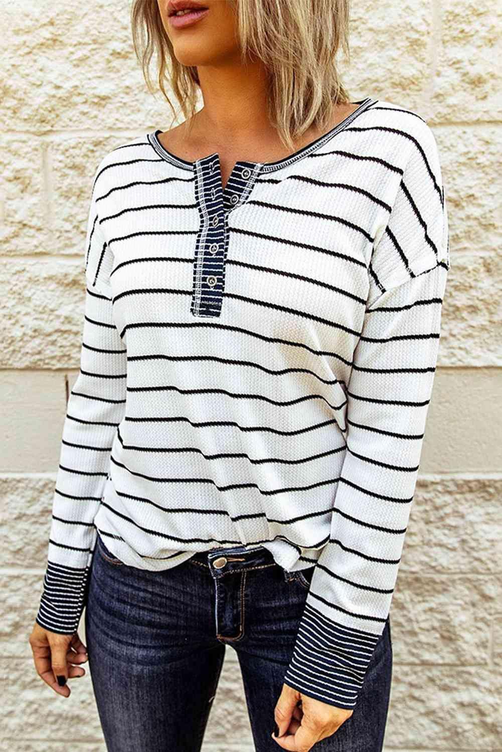 Striped Waffle Knit Henley Long Sleeve Top - SHANKARA CHÉRIE