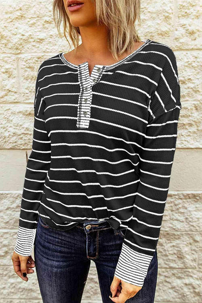 Striped Waffle Knit Henley Long Sleeve Top - SHANKARA CHÉRIE