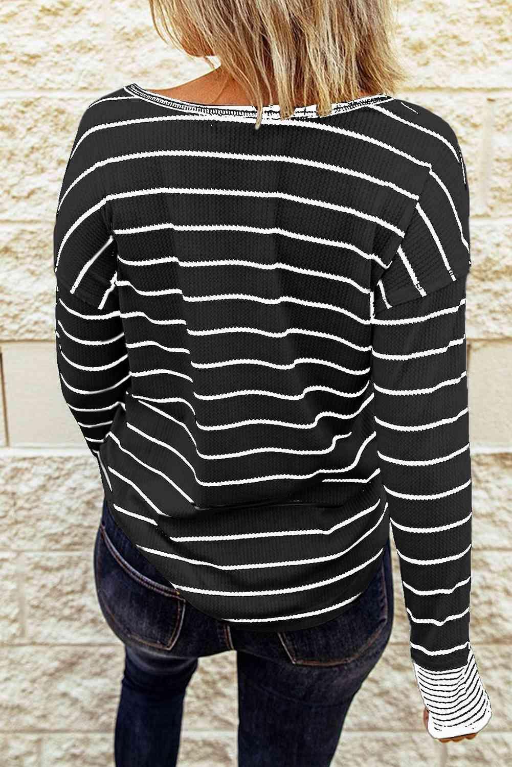 Striped Waffle Knit Henley Long Sleeve Top - SHANKARA CHÉRIE