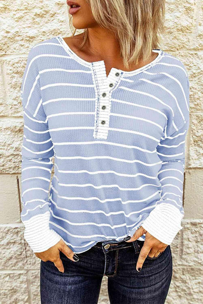 Striped Waffle Knit Henley Long Sleeve Top - SHANKARA CHÉRIE