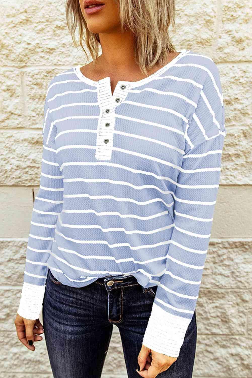 Striped Waffle Knit Henley Long Sleeve Top - SHANKARA CHÉRIE