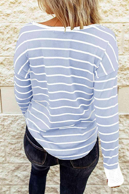 Striped Waffle Knit Henley Long Sleeve Top - SHANKARA CHÉRIE